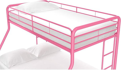 DHP Dusty Metal Bunk Bed Frame, Twin-Over-Full for Kids, Teens, Adults, Angled Ladder, Guardrail, No Boxspring, Small Spaces, Pink
