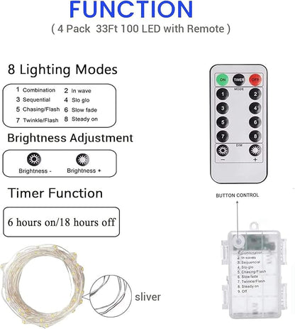 4 Pack 100 LED Fairy Lights Battery Operated with Remote, 33FT Waterproof Twinkle Lights with Timer & 8 Modes, Fairy String Lights Outdoor Indoor for Bedroom Classroom DIY Christmas Decor (Blue)