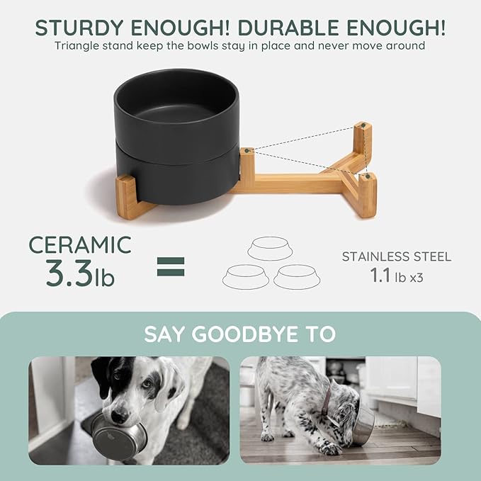 SPUNKYJUNKY Ceramic Dog and Cat Bowl Set with Wooden Stand, Modern Cute Weighted Food Water Set for Small Size Dogs (13.5OZ) & Medium Sized Dogs (28.7OZ) & Cats (1.7 Cups, 2 × Black)-Mewly Pet