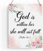 Inspirational Decor God is Within Her She Will Not Fall Psalm 46:5 Christian Gifts for Women Bible Verse Wall Art Scripture Wooden Hanging Sign for Kids Room Bathroom Bedroom Decor 8 x 10 Inches
