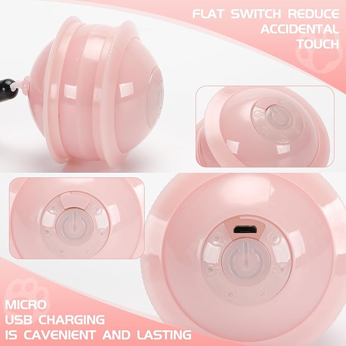 Colurful LED Interactive Cat Feather Toy Ball for Bored Indoor Adult Cats Chase Automatic Moving Ball Rechargeable Self Rolling Automated Tumbler Toy Electric Cat Toy (Pink)-Mewly Pet