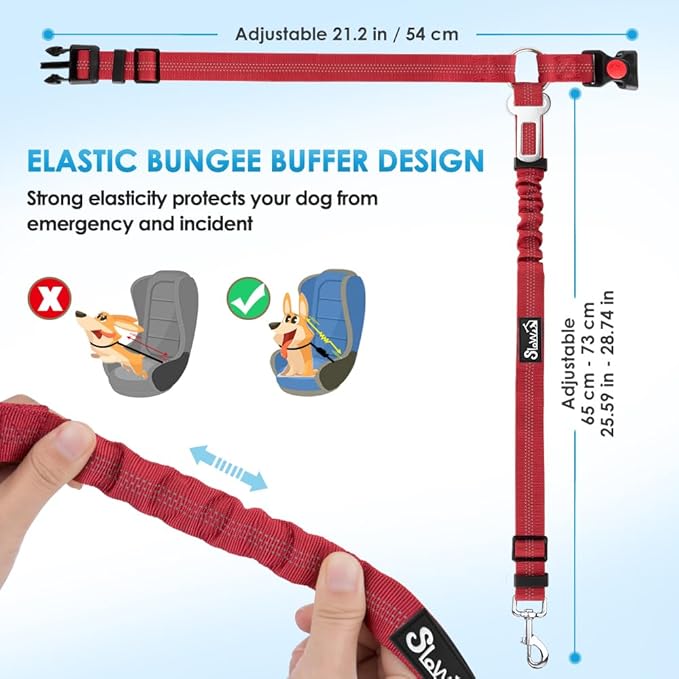 SlowTon Dog Seat Belt for Car, 2 Pack Dog Car Harness Seatbelt Adjustable with Elastic Bungee Buffer, 2 in 1 Pet Car Leash Headrest Restraint Dog Reflective Safety Tether (Red, Headrest+Clip)-Mewly Pet