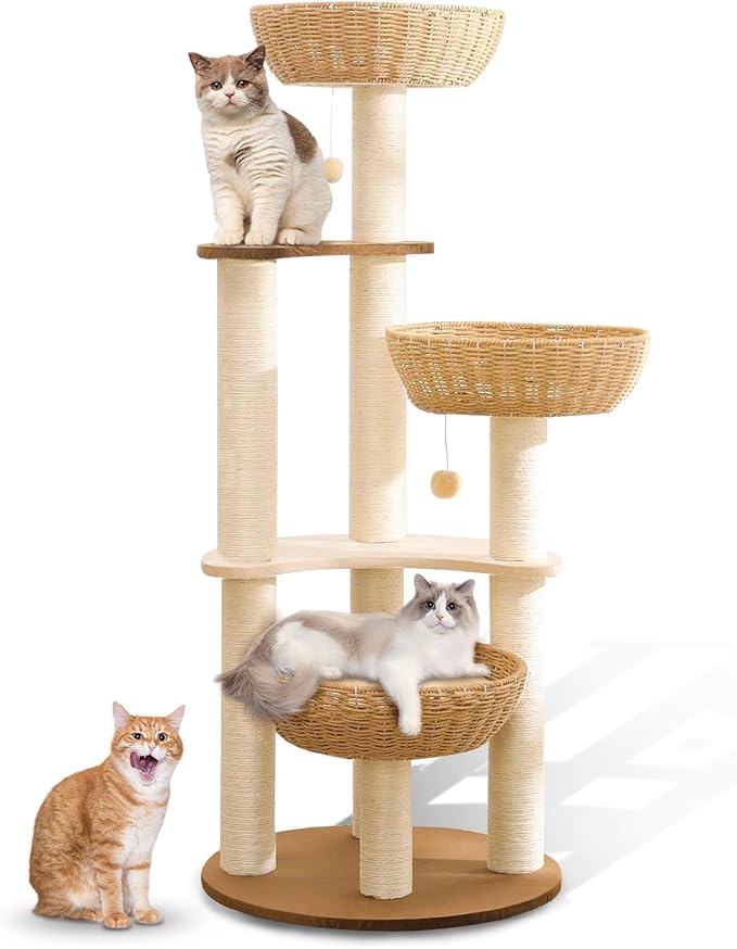 52" Modern Cat Tree Tower for Large Cats, 3Cat Nests Manual Hand Woven Multilevel Huge Paws Pals Cat Tree, Wood Cat Tower, Cat Scratching Tree, Cat Condo, Cat Lover Gift-Mewly Pet