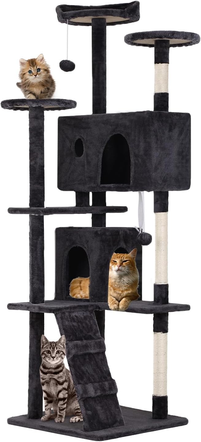 FDW Cat Tree 70in Cat Tower Multi-Level Durable Cat Scratching Post & Cozy Fun Cat Jumping Platform Space Saving Cat Condo Pet Play House for Indoor Cats,Dark Gray-Mewly Pet
