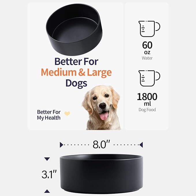Black Dog Bowl Ceramic for Medium Large Breed, Heavy Weighted Dog Food Water Feeder Dish, Non - Slip Modern Cute Extra Big Porcelain 8 in Pet Bowl Maze-Mewly Pet