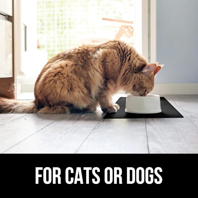 GORILLA GRIP 100% Waterproof Raised Edge BPA Free Silicone Pet Feeding Mat, Dog Cat Food Mats Contain Spills Protects Floors, Placemats for Cats and Dogs Water Bowl, Pets Accessories 16x10, Black-Mewly Pet