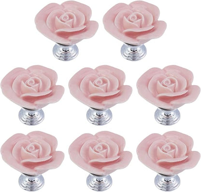 8PCS 1.57" × 1.3" Ceramics Light Pink Rose with Base Knobs Flower Shaped Pulls for Cupboard Drawer with 2 Kinds of Screws