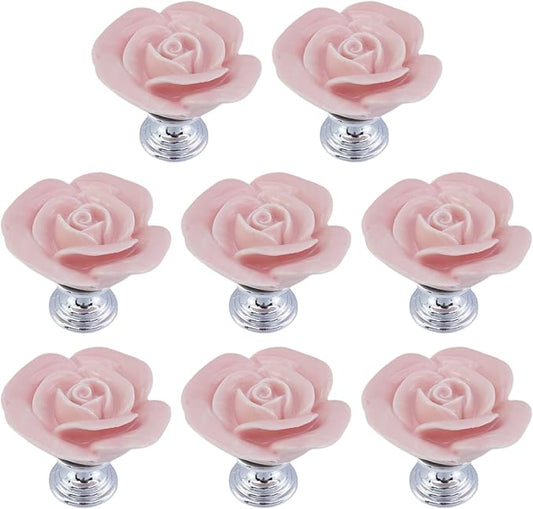 8PCS 1.57" × 1.3" Ceramics Light Pink Rose with Base Knobs Flower Shaped Pulls for Cupboard Drawer with 2 Kinds of Screws