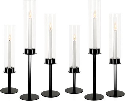 Hurricane Candle Holders Set of 6 Metal Candlestick Holder for Glass Taper Tall Candle Holders with Crystal Chimney Tube Candles Stands for Home Decor, Christmas, Dinning (6, Black)