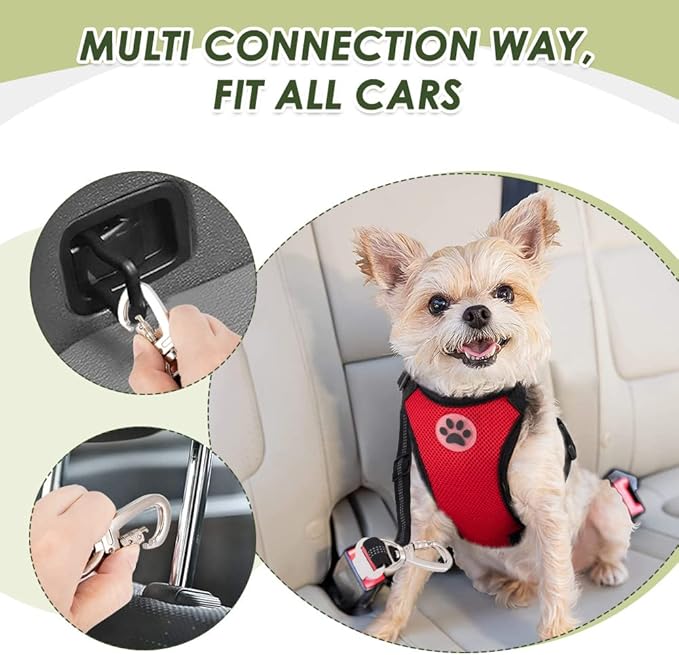 SlowTon Dog Seat Belt Harness for Car, Dog Car Harness Adjustable Mesh Breathable & Dog Seatbelt Safety Tether with Elastic Bungee for Small Medium Large Pets(Red, Double Clip, L)-Mewly Pet