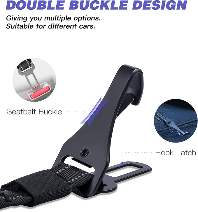 AUBELL Dog Seat Belt for Car,Updated 3-in-1 Adjustable Reflective Bungee Heavy Duty Dog Car Harness Tether with Clip Hook Latch & Buckle,Swivel Zinc Alloy Carabiner,Black-Mewly Pet