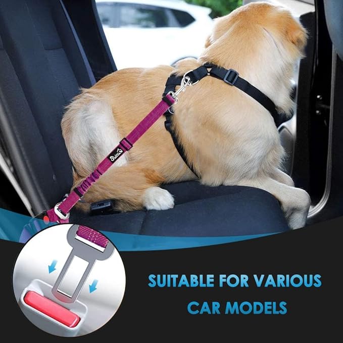 SlowTon Dog Seat Belt, 2 Pack Harness Seatbelt Adjustable With Elastic Bungee Buffer, 2 in 1 Pet Car Leash Headrest Restraint Reflective Safety Tether (Fushia, Dual Restraint)-Mewly Pet