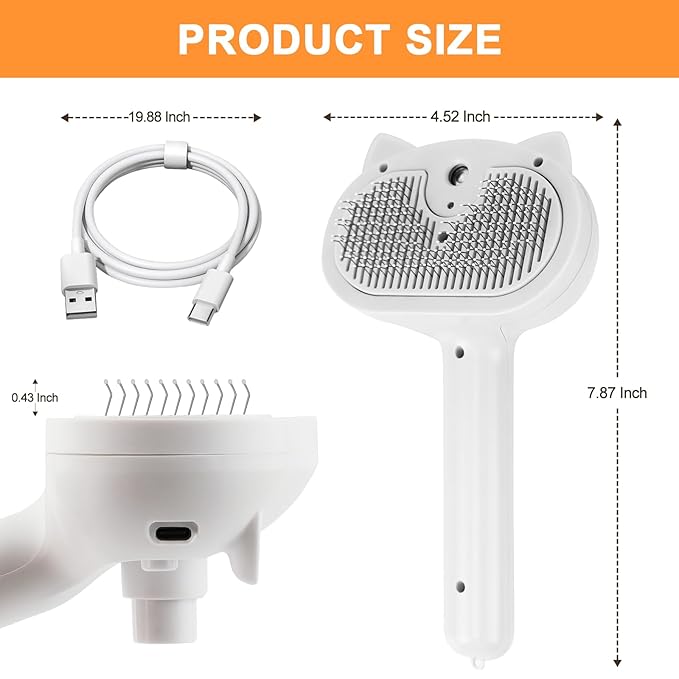 Cat Steam Brush for Shedding, 4 in 1 Steamy Cat Brush with Release Button, Self Cleaning Metal Pet Misting Hair Comb with Handle for Grooming Kitten Dog(White)-Mewly Pet