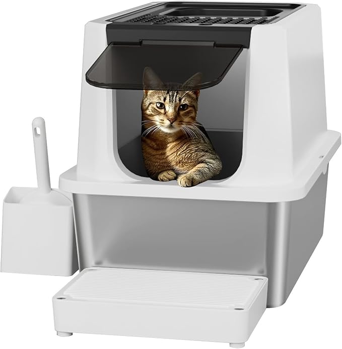 RIZZARI Stainless Steel Cat Litter Box, Odorless Enclosed Litter Box with Top Holes, Large Litter Pan for Small to Large Sized Cats (Black, 24" L*16" W*18" H)-Mewly Pet