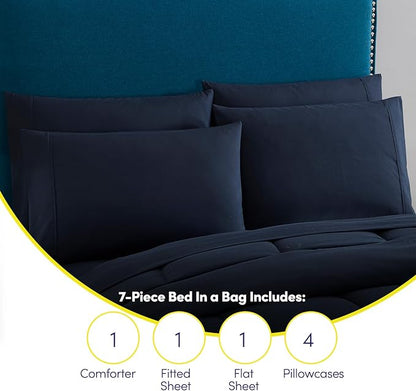 King Size Comforter Set with Sheets - 7-Piece Bedding Collection - 1 Comforter, 1 Fitted Sheet, 1 Flat, 4 Pillowcases - Deep Pocket - Soft & Premium Quality - Ideal for All Seasons, Navy Blue