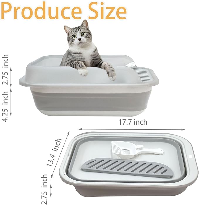 Collapsible Kitten Litter Box, Open High Sided Cat Potty Pan with Scoop Shallow Cat Toilet Anti-Splashing Low Entrance Travel Litter Box with Falling Sand Pedal for Kitty to Senior Cats-Mewly Pet