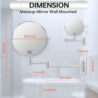 Wall Mounted Makeup Mirror 1X/10x, 8" Double-Sided Swivel Extendable Mirror for Bathroom, Chrome Finish