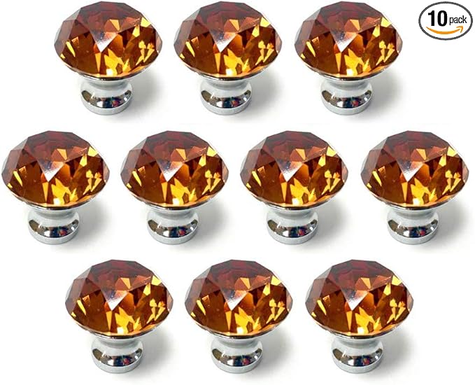 10 Pcs 30mm Silver Plated Base Diamond Shape Crystal Glass Cabinet Knob Drawer Knob Pull Handle Used for Kitchen, Dresser, Door, Cupboard (Amber)
