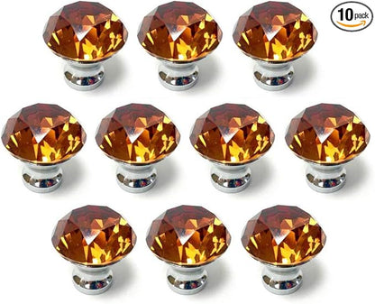 10 Pcs 30mm Silver Plated Base Diamond Shape Crystal Glass Cabinet Knob Drawer Knob Pull Handle Used for Kitchen, Dresser, Door, Cupboard (Amber)