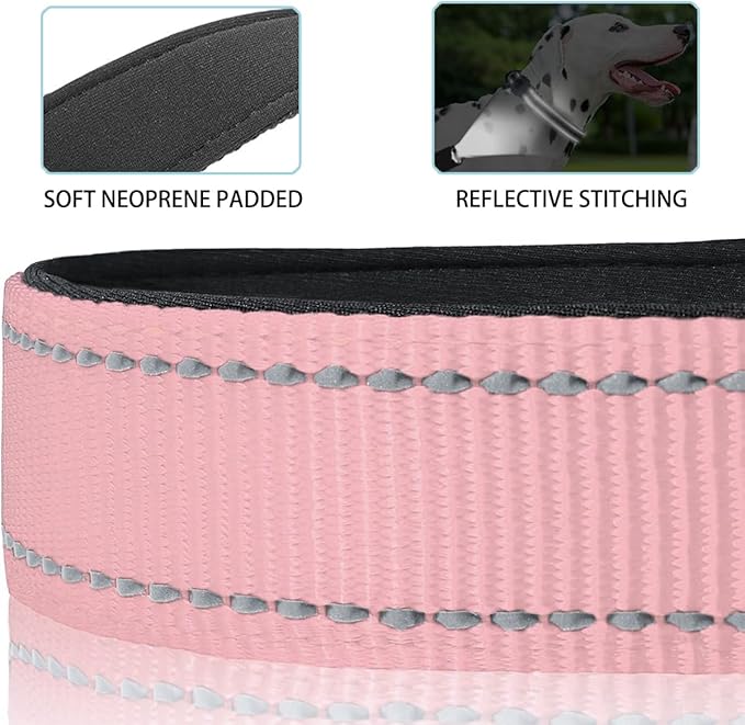 JSXD AirTag Dog Collar, Night Reflective Nylon Dog Collar for Small Medium Large Dogs,Lockable Quick Release Buckle,Padded Breathable Pet Collar with AirTag Holder (Pink, Medium)-Mewly Pet