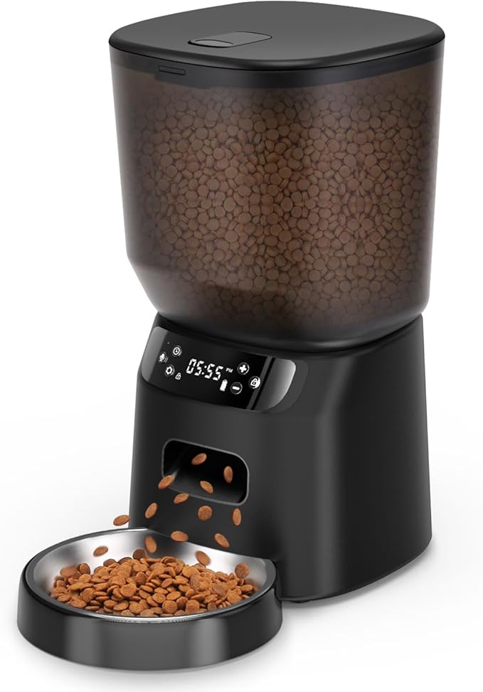 Automatic Cat Feeder, Cat Food Dispenser with Stainless Steel Bowl, Timed Portion Control 20 Portions 6 Meals Per Day, Voice Recorder, Dual Power Supply for Small Dogs (Black)-Mewly Pet