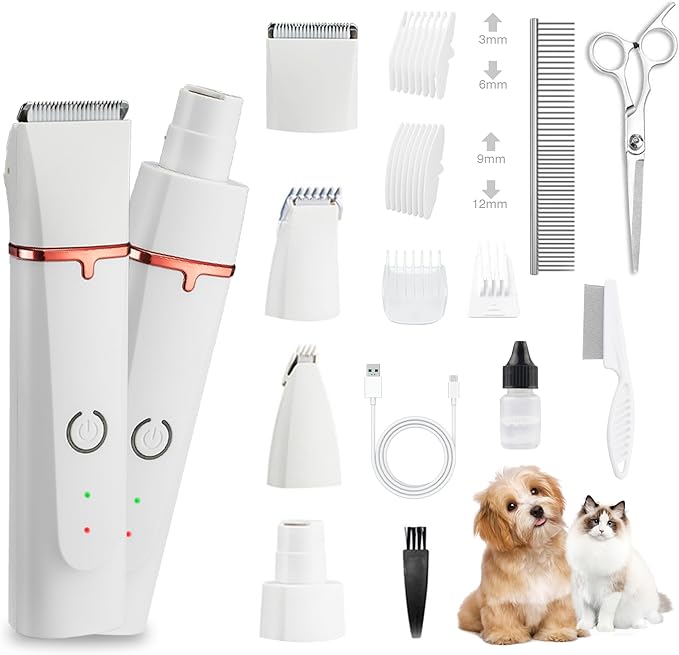 2025 New Petium 4-in-1 Dog Grooming Clippers Kit-Quiet Dog Nail Grinder & Paw Trimmer,Low Noise Cordless Pet Shaver for Small Dogs & Cats,USB-Rechargeable, 6 Guide Combs-Mewly Pet