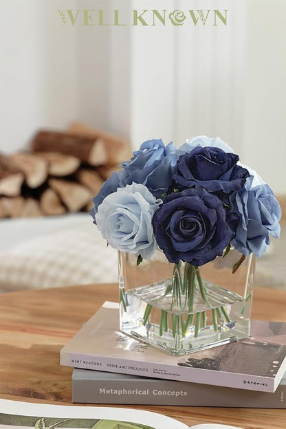 WELL KNOWN Rose Artificial Flowers in Vase with Faux Water, Silk Rose Table Centerpieces for Home Coffee Table Decor, Fake Roses Flower Arrangements for Office Hotel Lavatory Decor (Blue)