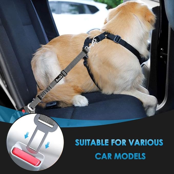 SlowTon Dog Seat Belt for Car, 2 Pack Dog Car Harness Seatbelt Adjustable with Elastic Bungee Buffer, 2 in 1 Pet Car Leash Headrest Restraint Dog Reflective Safety Tether (Grey, Headrest+Clip)-Mewly Pet