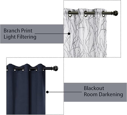 BONZER Mix and Match Curtains - 2 Pieces Branch Print Sheer Curtains and 2 Pieces Blackout Curtains for Bedroom Living Room Grommet Window Drapes, 54x108 Inch/Panel, Grey Dark, Set of 4 Panels