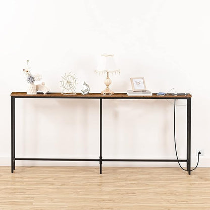 HOOBRO 70.9" Narrow Console Table with Charging Station, 5.9" Sofa Table with 2 Power Outlets and USB Ports, Long Entryway Tables Behind Couch Table, for Hallway, Living Room, Rustic Brown BF185UXG01