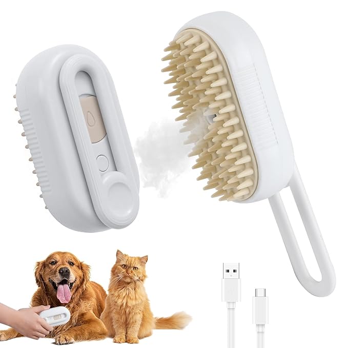 4 in 1 Cat Steam Brush Rechargeable pet spray comb Steam Brush for Cats and Dogs, Massage, Cleaning, Shedding & Combing Multifunctional Hair Removal Anti Static Grooming Tool for home (White)-Mewly Pet