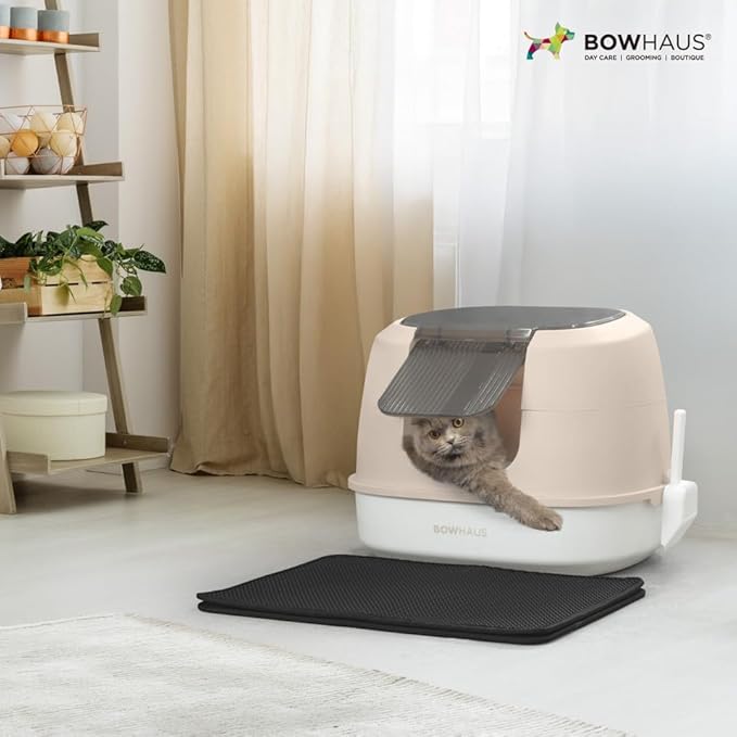 Detachable Cat Litter Box with Lid, 3-in-1 Cat Toilet of Cats, Large Space Anti-Leakage Gato Litter Box with Scoop, Mat & Odor Fitter, Beige/Pink-Mewly Pet