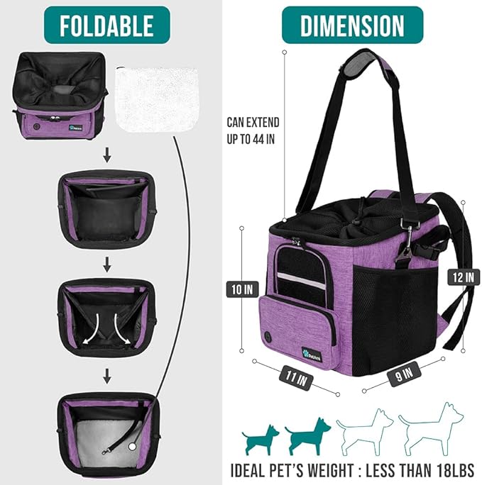 PetAmi Dog Bike Basket, Soft-Sided Ventilated Dog Bike Carrier Backpack, Pet Bicycle Basket for Bike Handlebar, Small Medium Puppy Cat Kitten Car Booster Seat with Safety Strap, Max 18 lbs, Purple-Mewly Pet