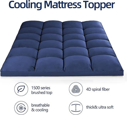 Mattress Topper Queen for Back Pain, Extra Thick Mattress Pad Cover, Plush Pillow Top, Deep Elastic Pocket, Navy