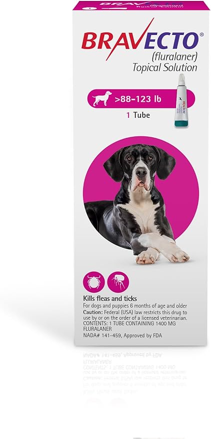 BRAVECTO Topical Solution for Dogs, Flea & Tick, 12 Week Supply, >88-123 lbs., Pink Box-Mewly Pet