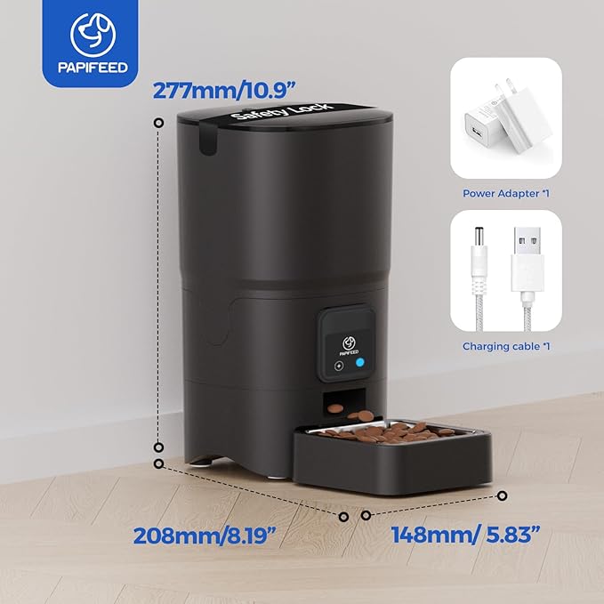 PAPIFEED 2.4G WiFi Automatic Cat Feeder, 6L/25Cup Automatic Pet Feeder with APP Control for Remote Feeding, Detachable for Easy Clean, Cat Food Dispenser with Alexa,1-10 Meals Per Day for Dog, Black-Mewly Pet