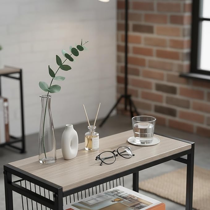 Dulcii Small Side Table for Small Spaces - Slim End Table with Magazine Holder Narrow End Table Living Room - Skinny Bedside Table Nightstand Bedroom Thin Side Table, Oak