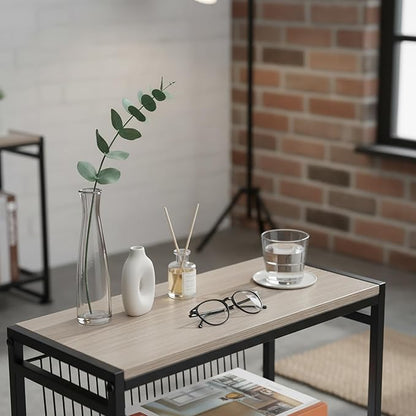 Dulcii Small Side Table for Small Spaces - Slim End Table with Magazine Holder Narrow End Table Living Room - Skinny Bedside Table Nightstand Bedroom Thin Side Table, Oak