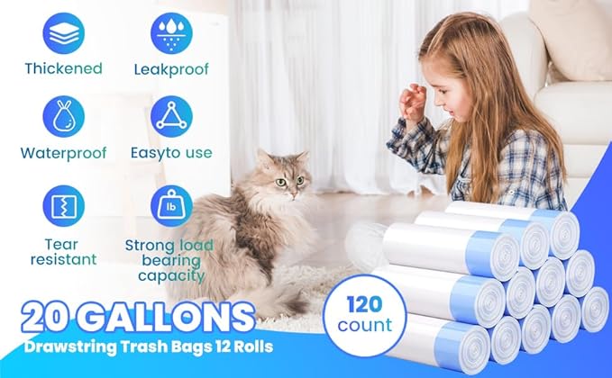 120 Pack Jumbo Cat Litter Bags-3MIL Extra Thick Leakproof Litter Box Liners, 37"x18" Heavy Duty Drawstring Cat Litter Liners for Automatic Litter Box, Odor Control Disposable Kitty Litter Bags 12 Roll-Mewly Pet