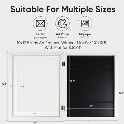 2-Pack Kids Artwork Frames - Changeable, Front Opening Holds 150, Children Art Projects, 10x12.5 Picture Frame for Display, With Storage (White)