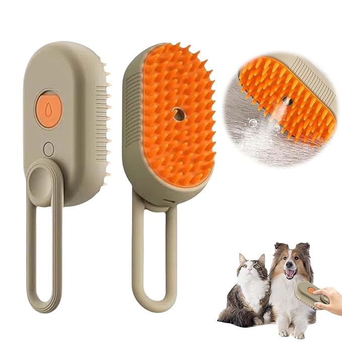 3-In-1 Rechargeable Steamy Cat Brush, Deep Cleaning & Hair Removal System with Rotating Handle, 360° Massage for Cats & Dogs (Cream)-Mewly Pet