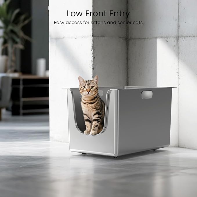 Stainless Steel Litter Box 13.7'' High Sides, XL Metal Cat Litter Box with Curved Low Entry, Cat Litter Pan for Big & Multiple Cats, Pet Toliet with Handy Wheels for Easy Moving-Mewly Pet