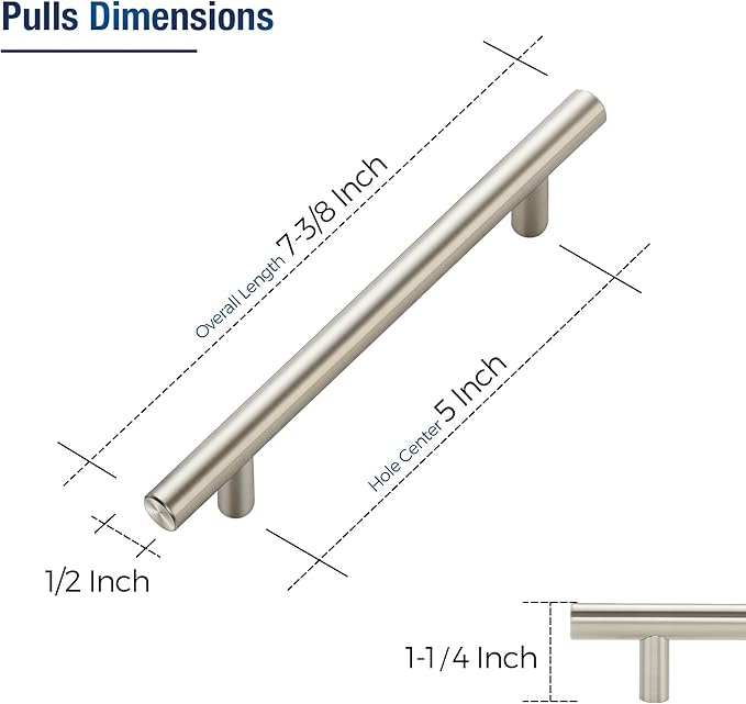 JOY DECOR 5 Pack Cabinet Handles, Brushed Nickel Cabinet Pulls, 5 in Hole Center Kitchen Cabinet Handles, Stainless Steel T Bar Handles for Dresser Drawers