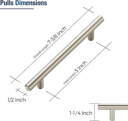 JOY DECOR 5 Pack Cabinet Handles, Brushed Nickel Cabinet Pulls, 5 in Hole Center Kitchen Cabinet Handles, Stainless Steel T Bar Handles for Dresser Drawers