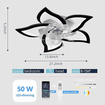 Low Profile Ceiling Fans with Lights,27.2” Black Modern Dimmable Flower Shape Ceiling Light Fan with Remote Control/app Control,Timing 6 Gear Speeds Fan Ceiling Lamp.