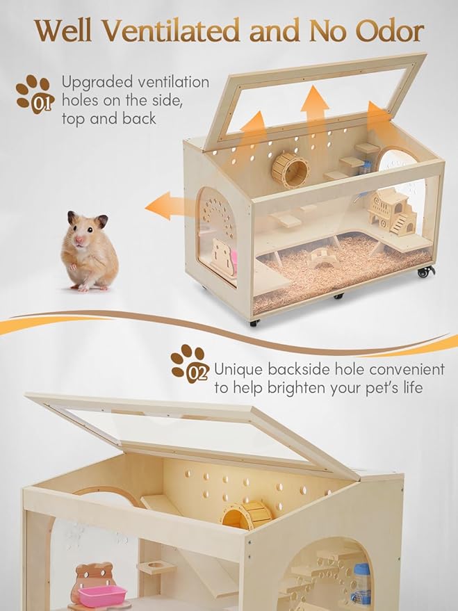 Hamster Cage Large 32 inch Guinea Pig Cages Hamster Cages Enclosure and Habitats Mice Rat Cage with Platform Openable Top Acrylic Sheets Wooden Chewproof Small Animal Cage for Hedgehog Mouse Gerbil-Mewly Pet