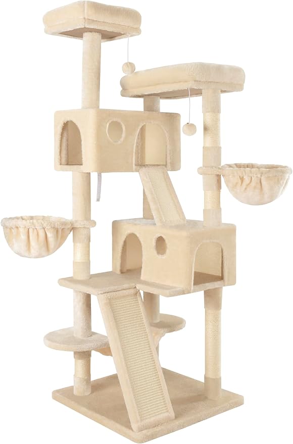 MUTICOR 66 Inches Multi-Level Large Cat Tree Tower for Indoor Big Feline/Cozy Plush Perches/Condo/Sisal Scratching Posts/Hammock and Baskets/Activity Center Play House/Wide Base/Beige-Mewly Pet