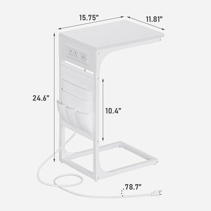 TUTOTAK C Shaped End Table with Charging Station, Side Table for Sofa, Couch Table with Storage Bag, TV Tray Table with 2 USB Ports and Outlets for Living Room, Bedroom, White TB01BW024