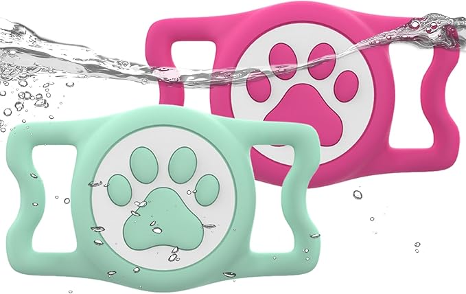 IP68 Waterpoof Dog Airtag Holder, Stretchy Silicone Full Body Covered Apple Air Tag Holder for Dog Cat Collar Fit All Width Collar (Green/Rose, 2 Pack)-Mewly Pet