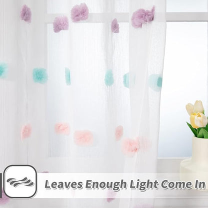 MYSKY HOME Living Room Curtains for Window Rainbow Pom Pom Curtains 120 Inch Length Long for Bedroom Set of 2 Semi White Sheer Curtains Parties Farmhouse Rod Pocket Boho Backdrops 37" x 120"